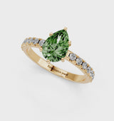 Yellow gold Fancy Green Pear Cut Diamond Solitaire Pavé Band with Four-Prong Setting