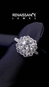 White gold Princess Cut Diamond Floral Halo Engagement Ring with Pavé Band and Four-Prong Setting