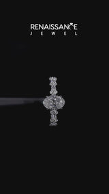 Silver Oval Cut Diamond Side Stone Solitaire Ring with Round  and Four-Prong Setting