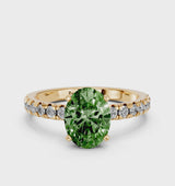 Yellow gold Fancy Green Oval  Solitaire Pave Diamond Engagement Ring with Four-Prong Setting