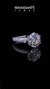 Silver Asscher Diamond Solitaire Ring with Prong Setting and Pavé Band