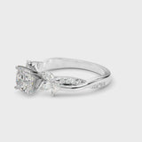 Silver Cushion Diamond Floral Vine Solitaire Engagement Ring