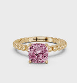 Yellow gold Fancy Pink Cushion Cut Diamond Solitaire Ring with Beaded Band and Prong Setting