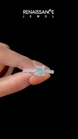 White gold Asscher Cut Diamond Pavé Band Solitaire Ring with Prong Setting