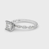 White gold Princess Cut Diamond Ring with Marquise Side Stones and Prong Setting