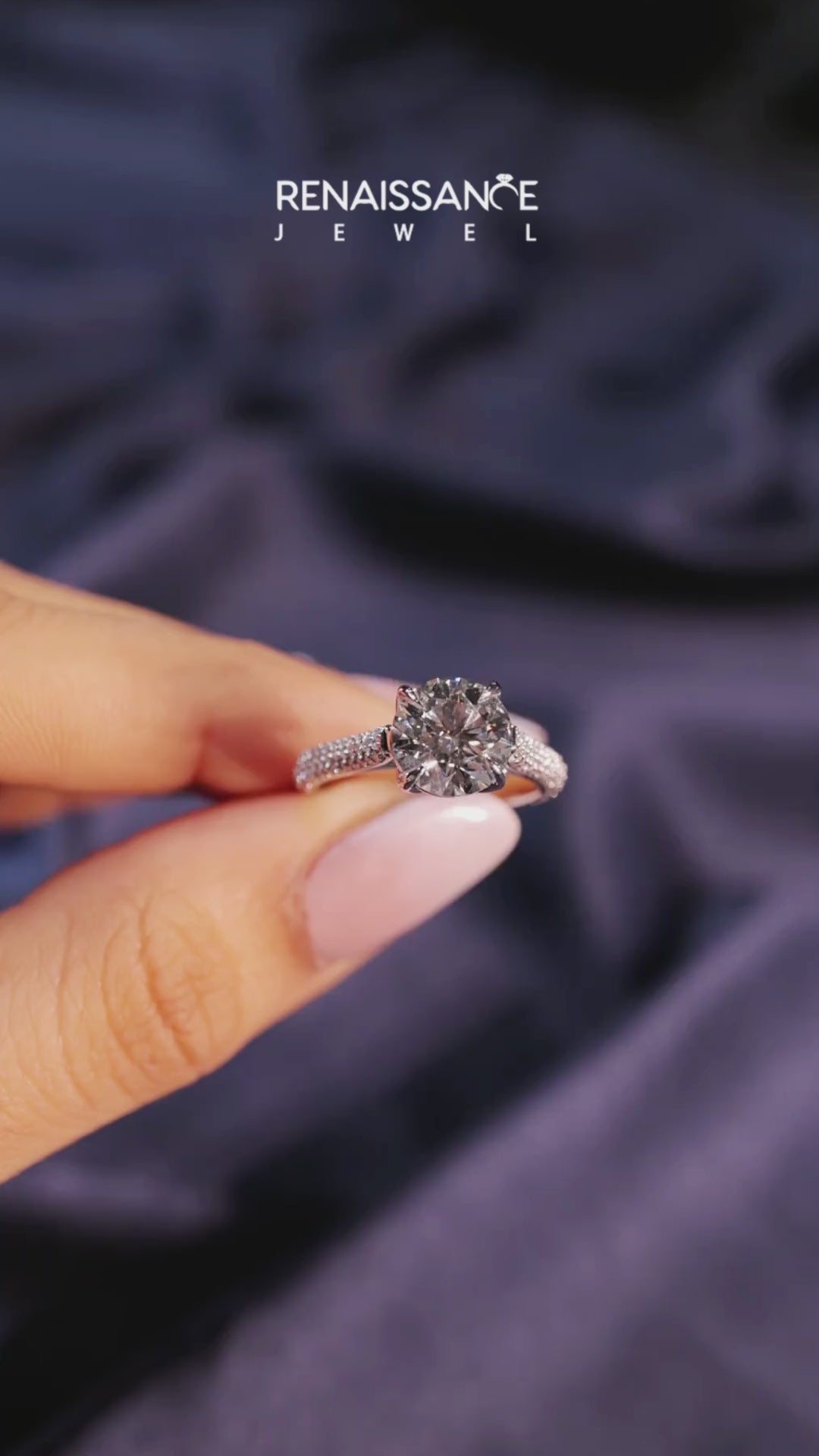 White gold Round Cut Diamond Pavé Band Solitaire Ring with Four-Prong Setting 5