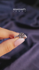 White gold Emerald Cut Diamond Solitaire Ring with Three-Row Pavé Band and Four-Prong Setting