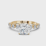 Yellow gold Cushion Cut Solitaire Diamond Ring with Pave Band and Four-Prong Setting