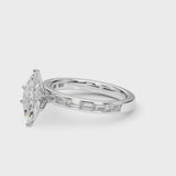 Platinum Marquise Solitaire Diamond Ring with Channel-Set Baguette Band and Four-Prong Setting