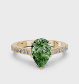 Yellow gold Fancy Green Pear  Cut Solitaire Diamond Engagement Ring with Pave Band and Four-Prong Setting