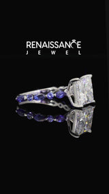 White gold Princess Cut Diamond Ring with Marquise and Round Blue Sapphire Side Stones and Four-Prong Setting