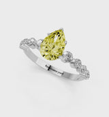 Silver Fancy Yellow Pear Cut Solitaire Diamond Ring with Pave Band and Four-Prong Setting