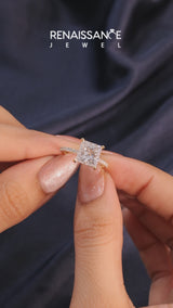 Yellow gold Princess Cut Diamond Solitaire Ring with Round  Pavé Band and Four-Prong Setting