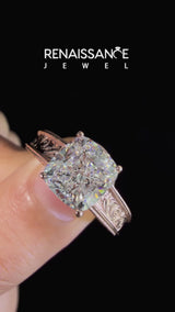 Rose gold Cushion Cut Diamond Solitaire Ring with Engraved Band and Four-Prong Setting