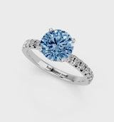 Silver Fancy Blue Round  Solitaire Pave Diamond Engagement Ring with Four-Prong Setting