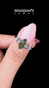 Silver Fancy Green Marquise Cut Diamond Three-Stone Ring with Pear Side Stones and Prong Setting