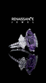 Silver Three-Stone Marquise Cut Amethyst Ring with Round  Pavé Band and Prong Setting