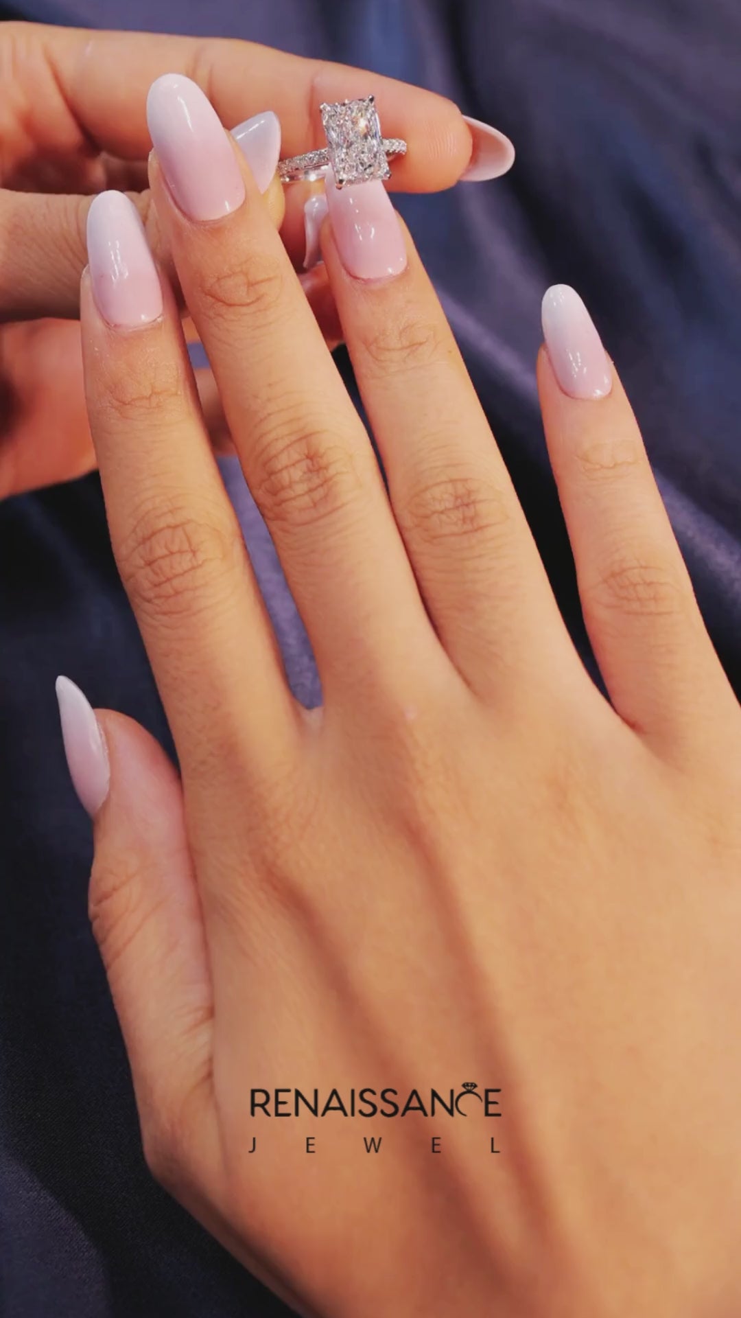 Silver Radiant Cut Diamond Pave Band Solitaire Ring with Four-Prong Setting 4