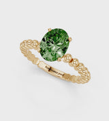 Yellow gold Fancy Green Oval Cut Diamond Solitaire Ring with Beaded Band and Prong Setting