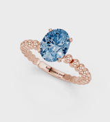 Rose gold Fancy Blue Oval Cut Diamond Solitaire Ring with Beaded Band and Prong Setting