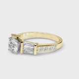 Yellow gold Round Cut Diamond Engagement Ring with Baguette Side Stones and Channel Set Band