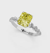 White gold Fancy Yellow Radiant Cut Solitaire Diamond Ring with Pave Band and Four-Prong Setting