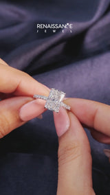 Silver Radiant Cut Diamond Pavé Engagement Ring with Round  Accents and Prong Setting