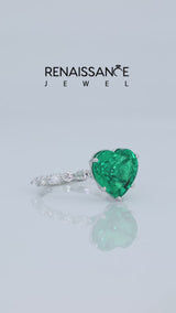 Silver Heart Cut Emerald Ring with Marquise and Round  Side Stones and Four-Prong Setting