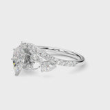 Platinum Pear Diamond Halo Ring with Marquise and Pavé Band in Prong Setting