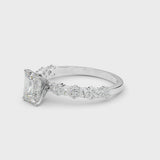 White gold Emerald Cut Diamond Side Stone Solitaire Ring with Round  and Four-Prong Setting