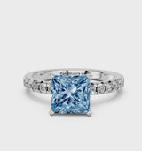 Platinum Fancy Blue Princess  Solitaire Pave Diamond Engagement Ring with Four-Prong Setting