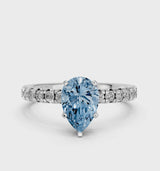 White gold Fancy Blue Pear  Solitaire Pave Diamond Engagement Ring with Four-Prong Setting