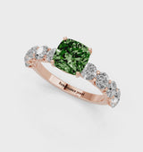 Rose gold Fancy Green Cushion Cut Diamond Prong Setting with Side Stones on a Pave Band