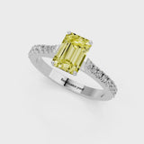 White gold Fancy Yellow Emerald  Cut Solitaire Diamond Engagement Ring with Pave Band and Four-Prong Setting