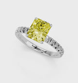 Platinum Fancy Yellow Radiant  Solitaire Pave Diamond Engagement Ring with Four-Prong Setting
