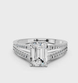 White gold Emerald Cut Diamond Solitaire Engagement Ring with Split Shank Pavé Band
