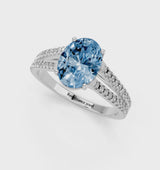 White gold Fancy Blue Oval Cut Diamond Solitaire Engagement Ring with Split Shank Pavé Band