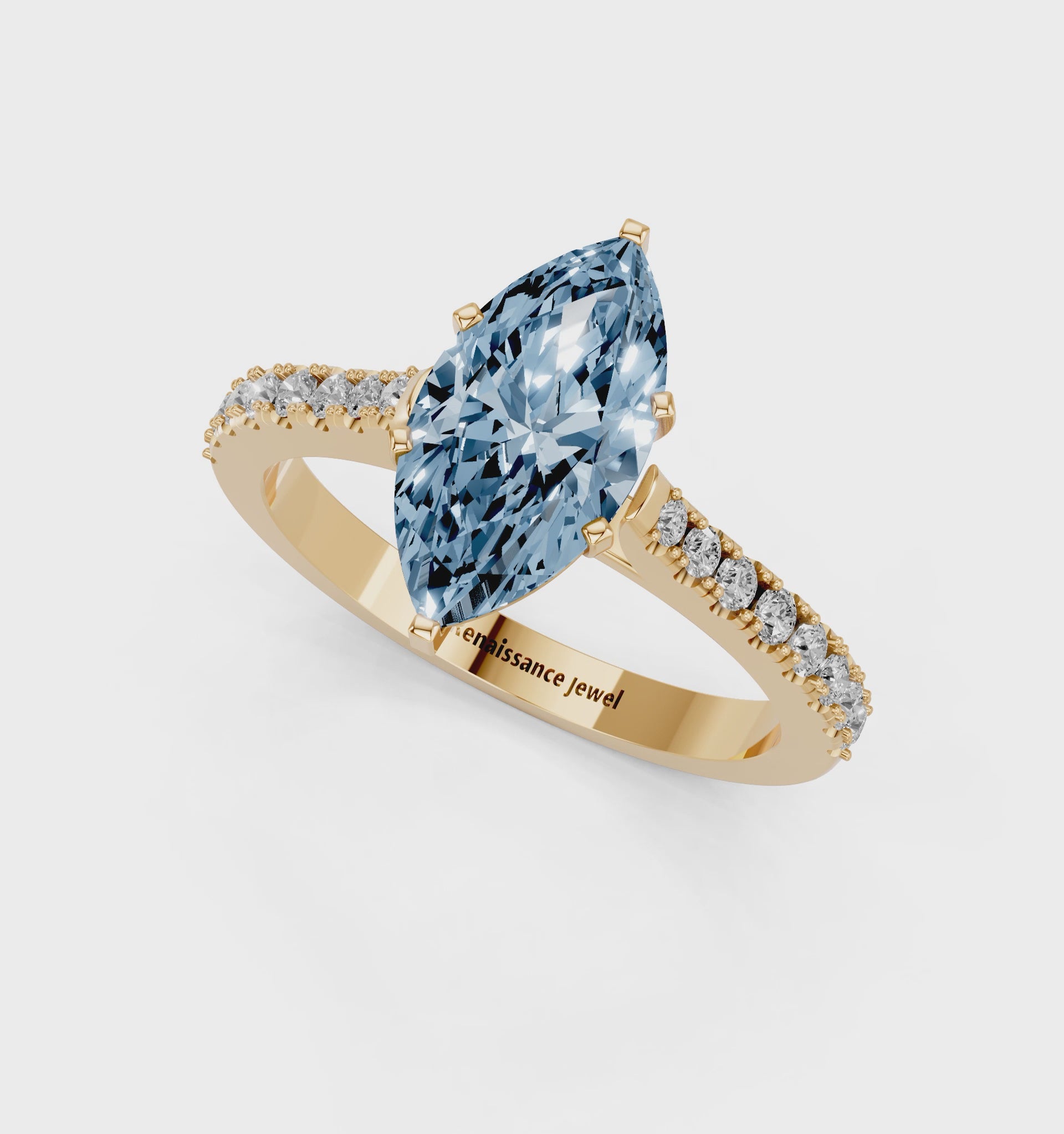 Yellow gold Fancy Blue Marquise  Cut Solitaire Diamond Engagement Ring with Pave Band and Four-Prong Setting_25
