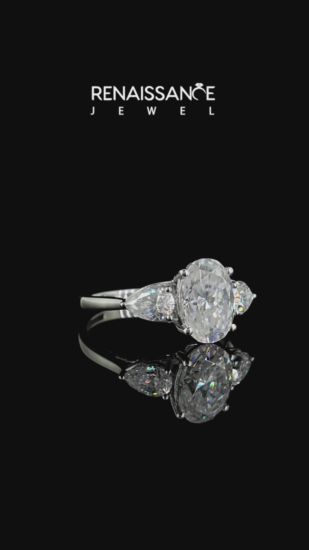 Silver Oval Cut Moissanite Three-Stone Ring with Pear Side Stones and Prong Setting_16