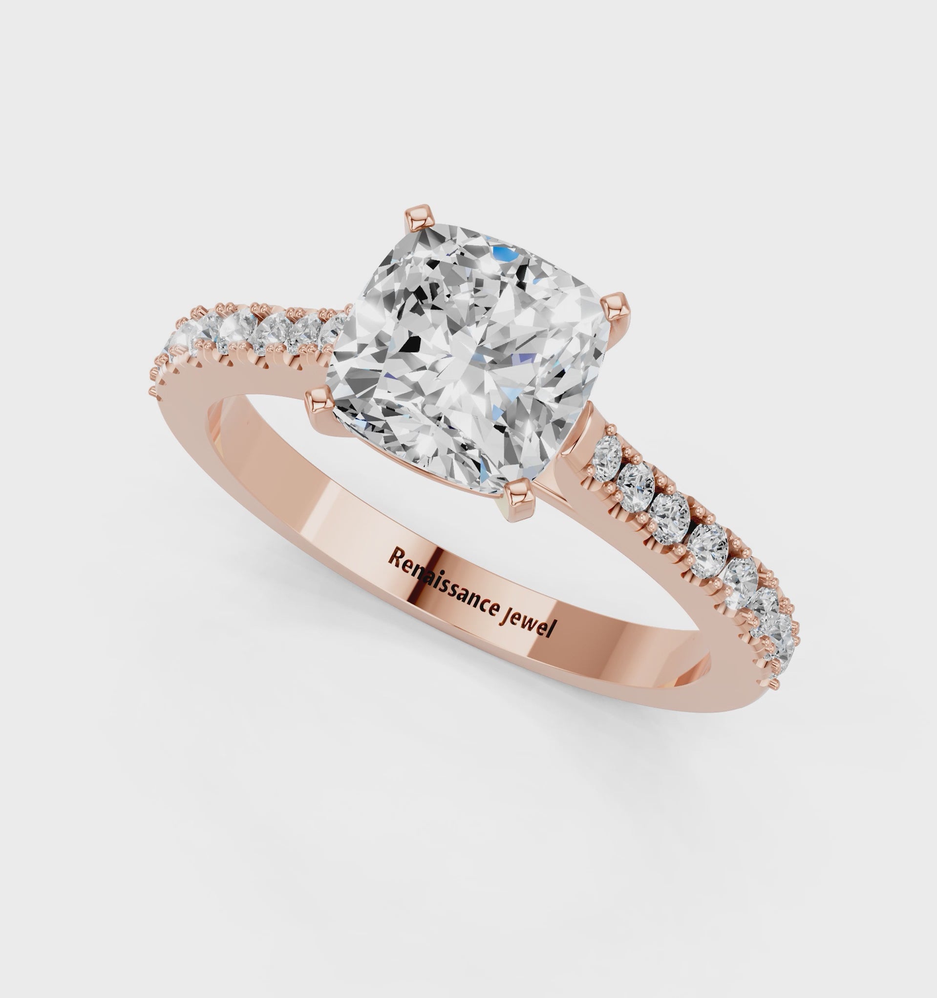 Rose gold Cushion Cut Solitaire Diamond Engagement Ring with Pave Band and Four-Prong Setting_60