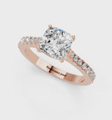Rose gold Cushion Cut Solitaire Diamond Engagement Ring with Pave Band and Four-Prong Setting