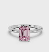 Platinum Fancy Pink Emerald Cut Diamond Solitaire Ring with Six-Prong Setting and Classic Band