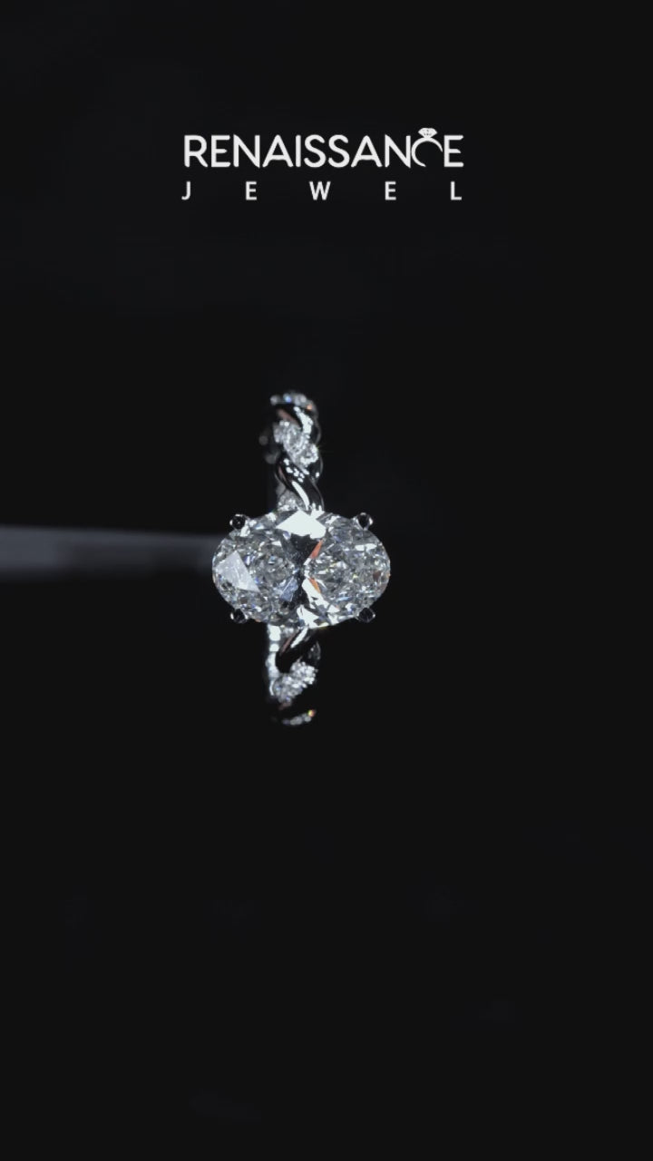 Platinum Oval Solitaire Twisted Band with Pavé Accents and Four-Prong Setting 6