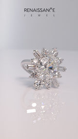 Platinum Oval Diamond Cluster Ring with Round and Baguette Stones, Split Shank Band, Prong Setting