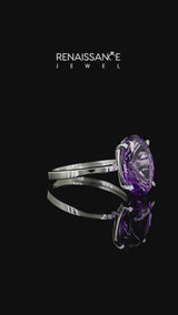 Silver Oval Cut Amethyst Solitaire Engagement Ring with Classic Band and Four-Prong Setting
