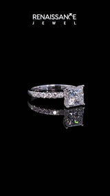 Silver Princess Cut Diamond Pave Band Solitaire Ring with Round  and Prong Setting