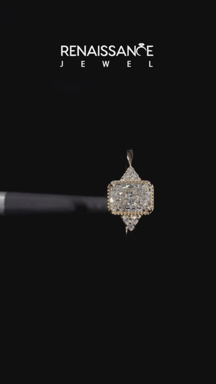 Yellow gold Milgrain Radiant Cut Diamond Ring with Tapered Pave Band and Four Prong Setting 4