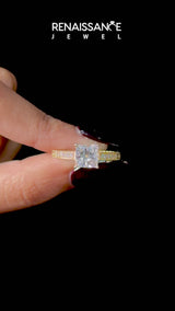 Yellow gold Emerald Cut Diamond Engagement Ring with Milgrain Channel Set Band and Prong Setting