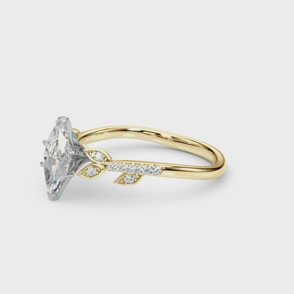 Yellow gold Marquise Solitaire Leaf-Inspired Diamond Ring with Pavé Band and Four-Prong Setting 3