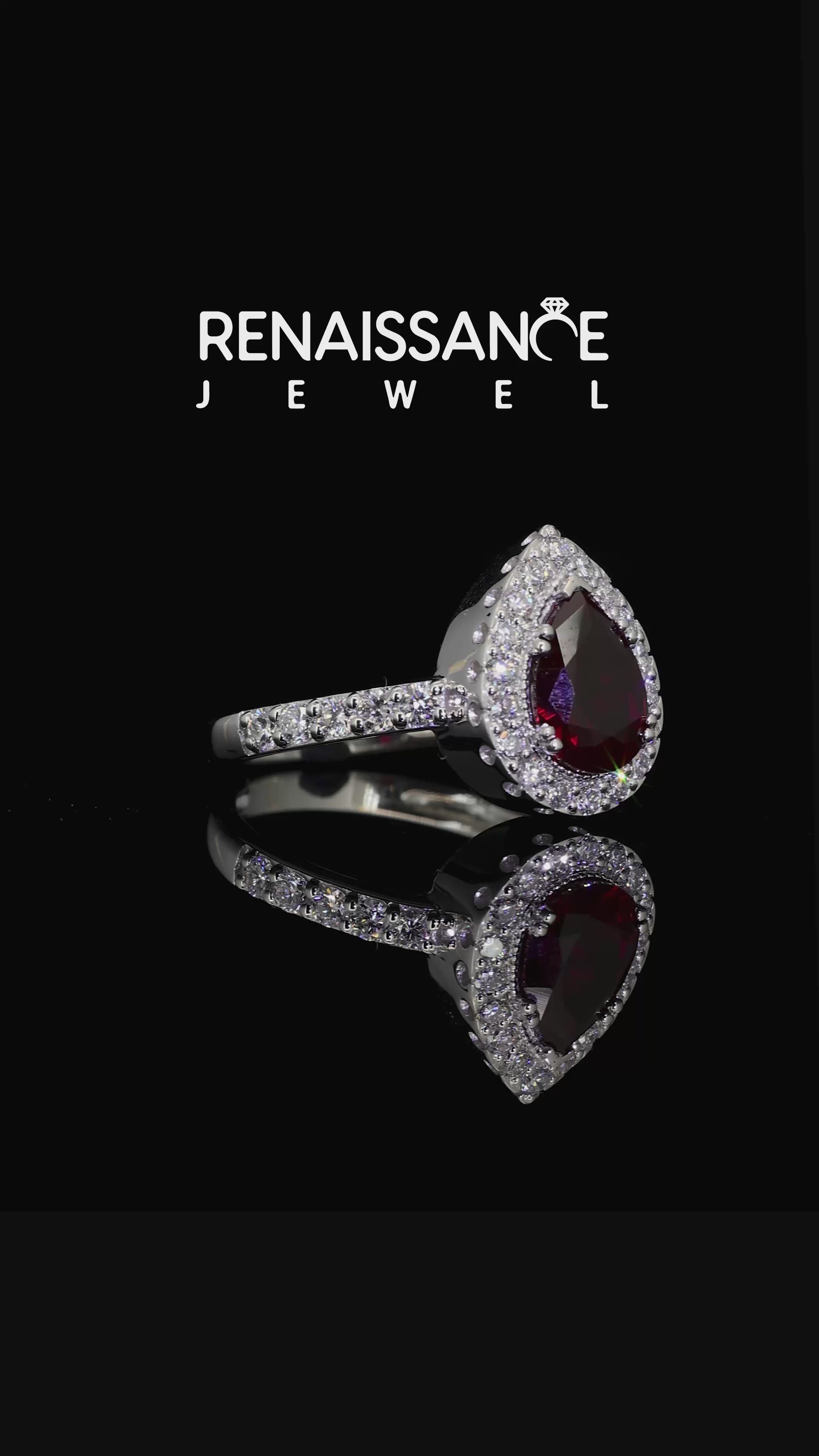White gold Pear Cut Ruby Halo Ring with Pavé Band and Prong Setting_12